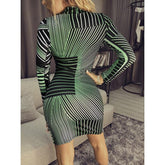Striped printed long sleeve bodycon dress turtleneck slim fit pencil dresses Spring skinny party dress vestidos